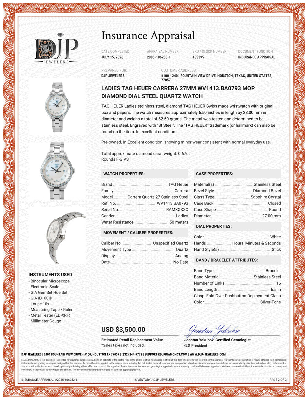 Ladies Tag Heuer Carrera 27MM wv1413.ba0793 Mop Diamond Dial Steel Quartz Watch