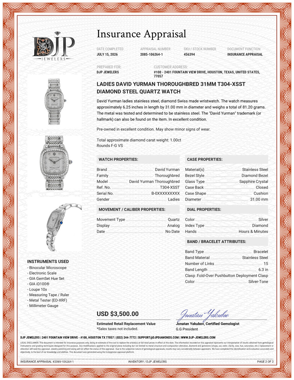 Ladies David Yurman Thoroughbred 31MM T304-Xsst Diamond Steel Quartz Watch