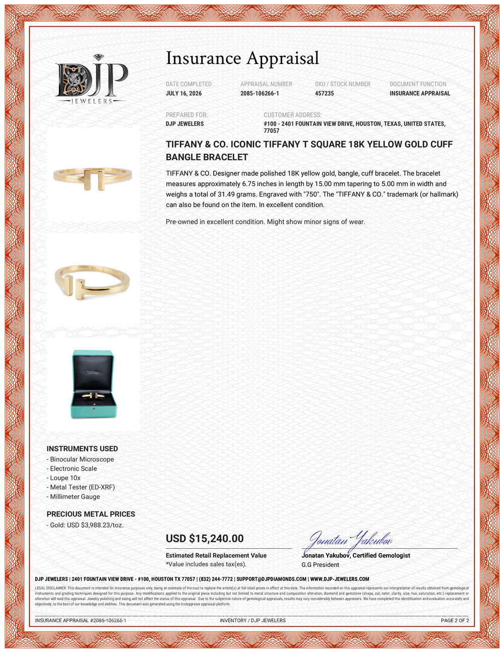 Tiffany & Co. Iconic Tiffany T Square 18K Yellow Gold Cuff Bangle Bracelet