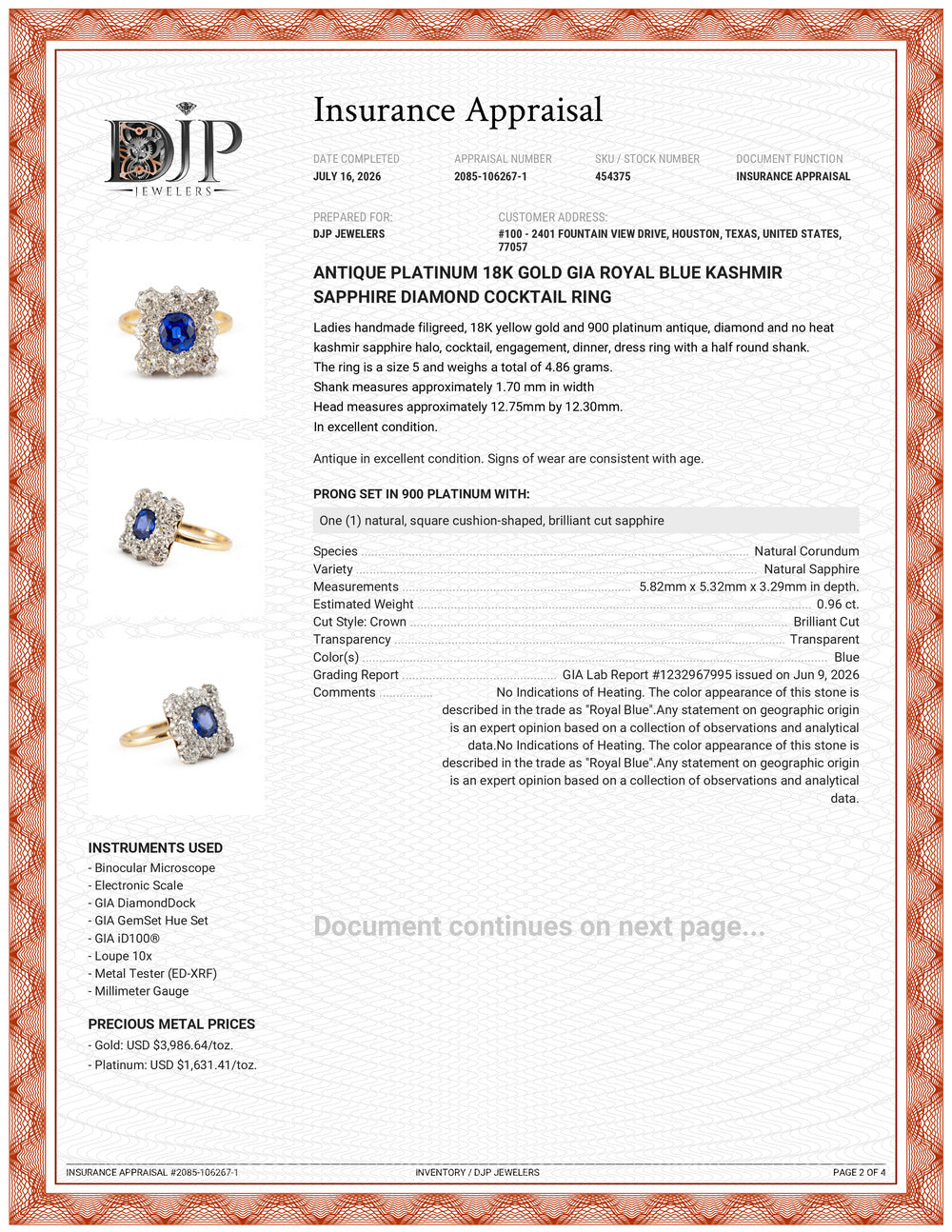 Antique Platinum 18K Gold Gia Royal Blue Kashmir Sapphire Diamond Cocktail Ring