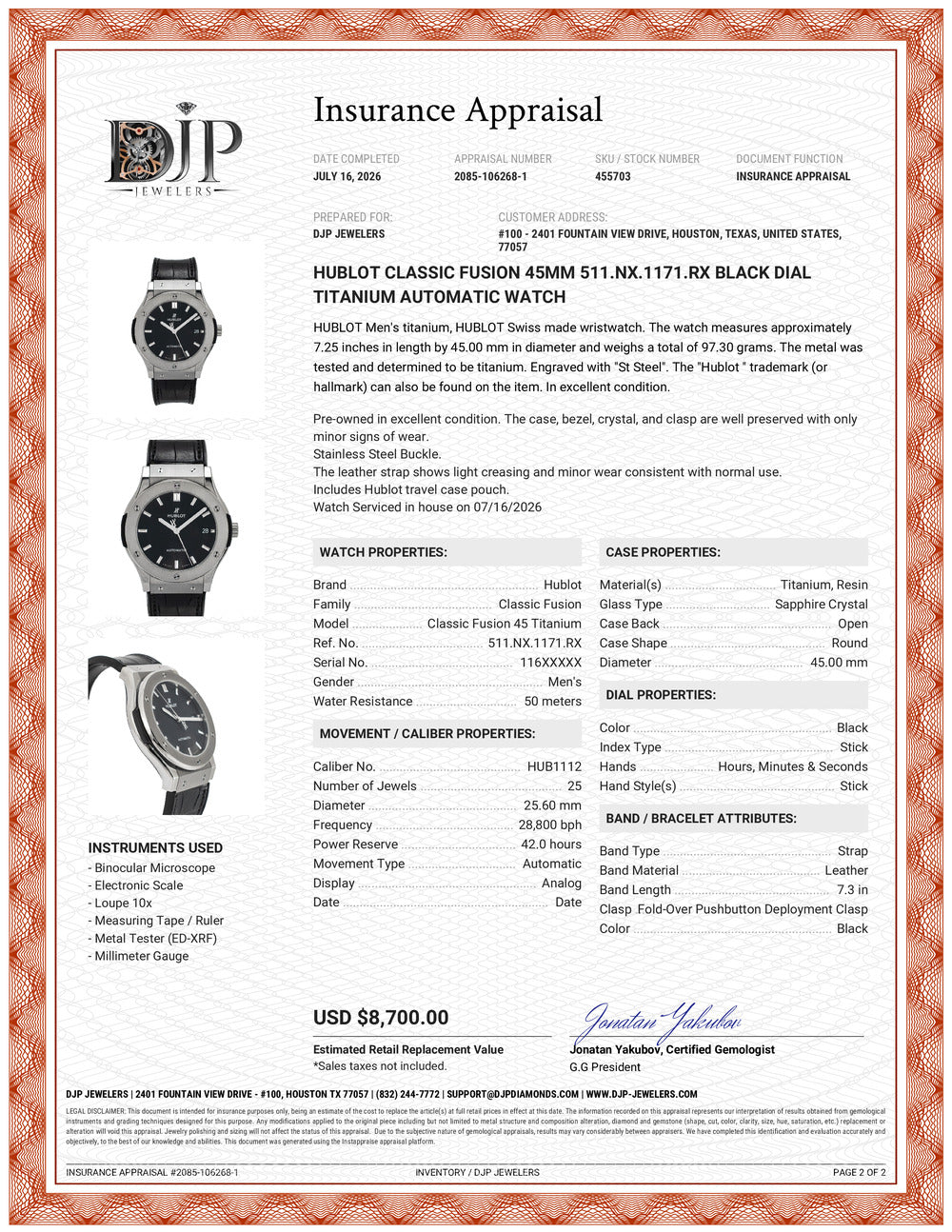 Hublot Classic Fusion 45MM 511.nx.1171.rx Black Dial Titanium Automatic Watch