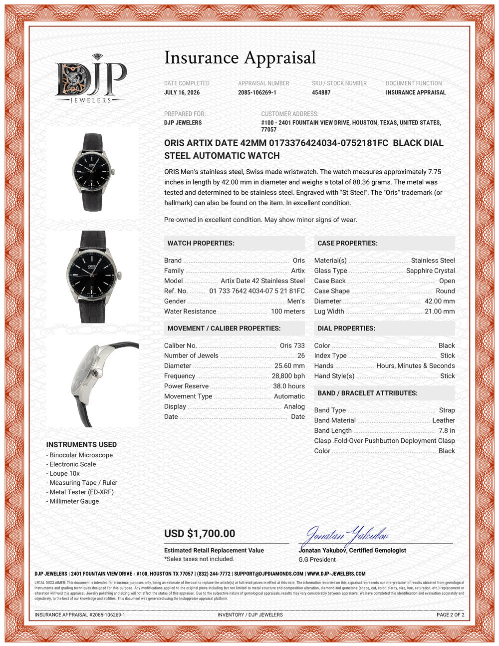 Oris Artix Date 42MM 0173376424034-0752181FC Black Dial Steel Automatic Watch