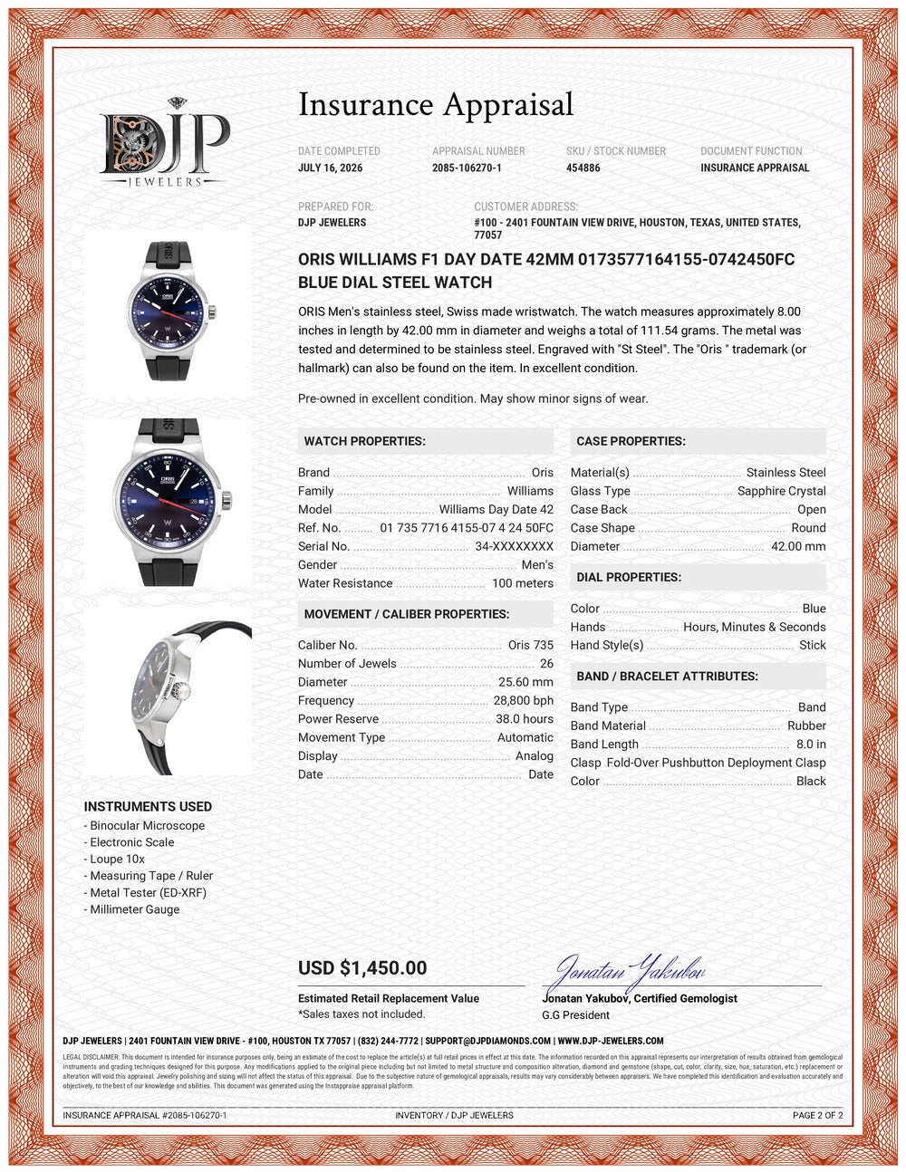 Oris Williams F1 Day Date 42MM 0173577164155-0742450FC Blue Dial Steel Watch