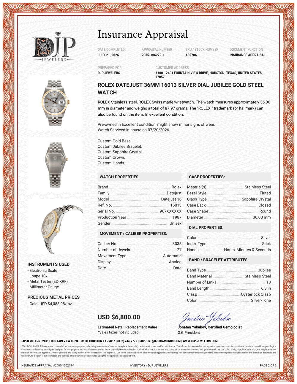 Rolex Datejust 36MM 16013 Silver Dial Jubilee Gold Steel Watch