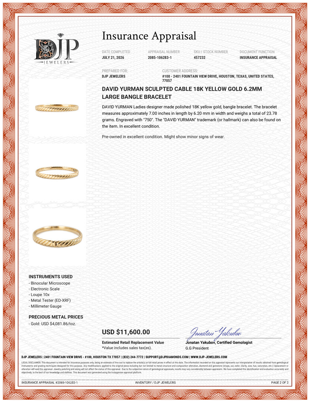 David Yurman Sculpted Cable 18K Yellow Gold 6.2mm Large Bangle Bracelet