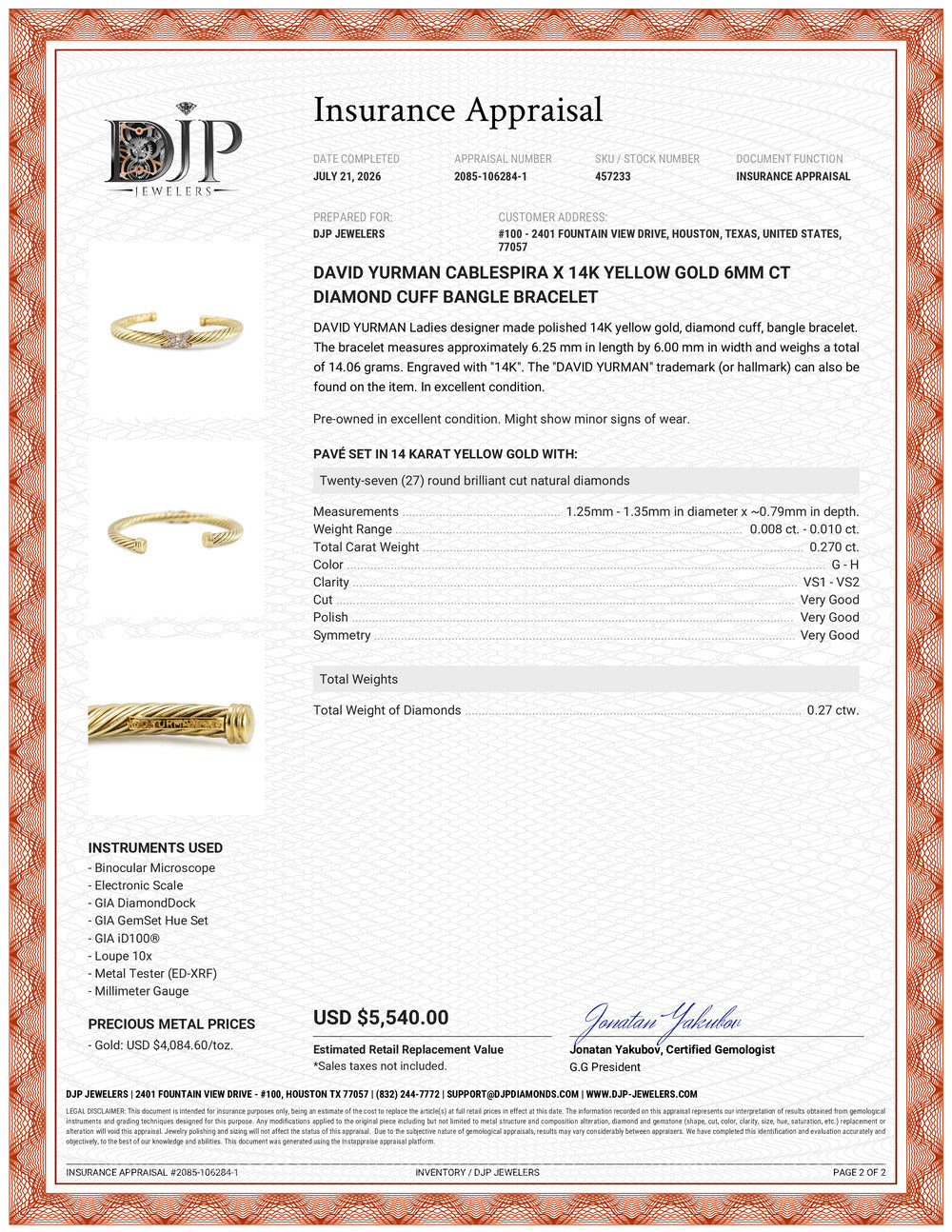 David Yurman Cablespira X 14K Yellow Gold 6MM CT Diamond Cuff Bangle Bracelet