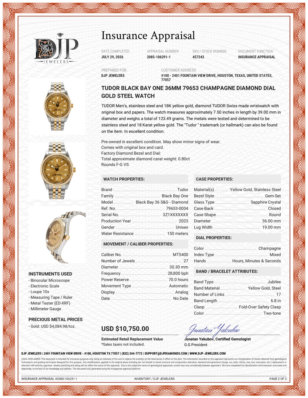 Tudor Black Bay One 36MM 79653 Champagne Diamond Dial Gold Steel Watch