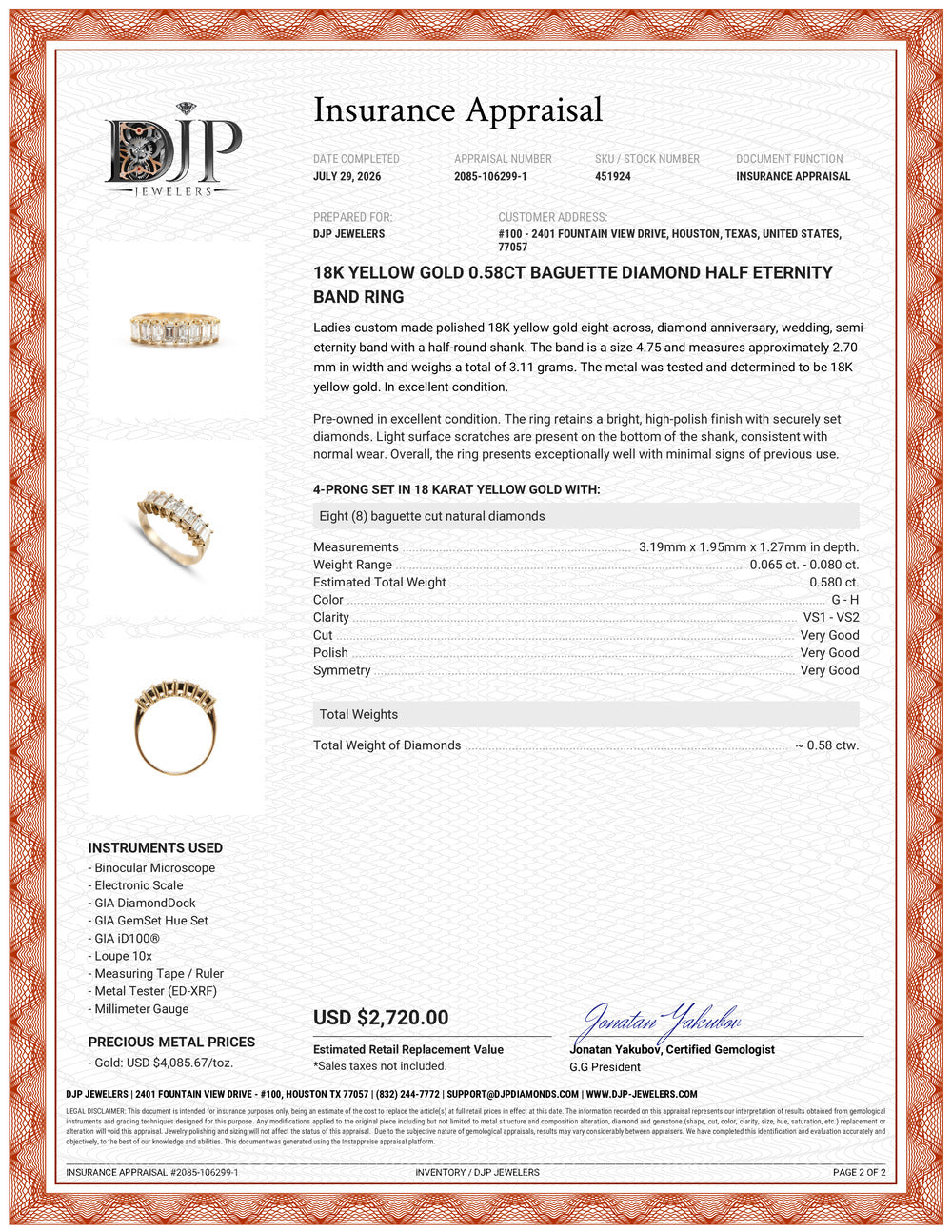 18K Yellow Gold 0.58ct Baguette Diamond Half Eternity Band Ring