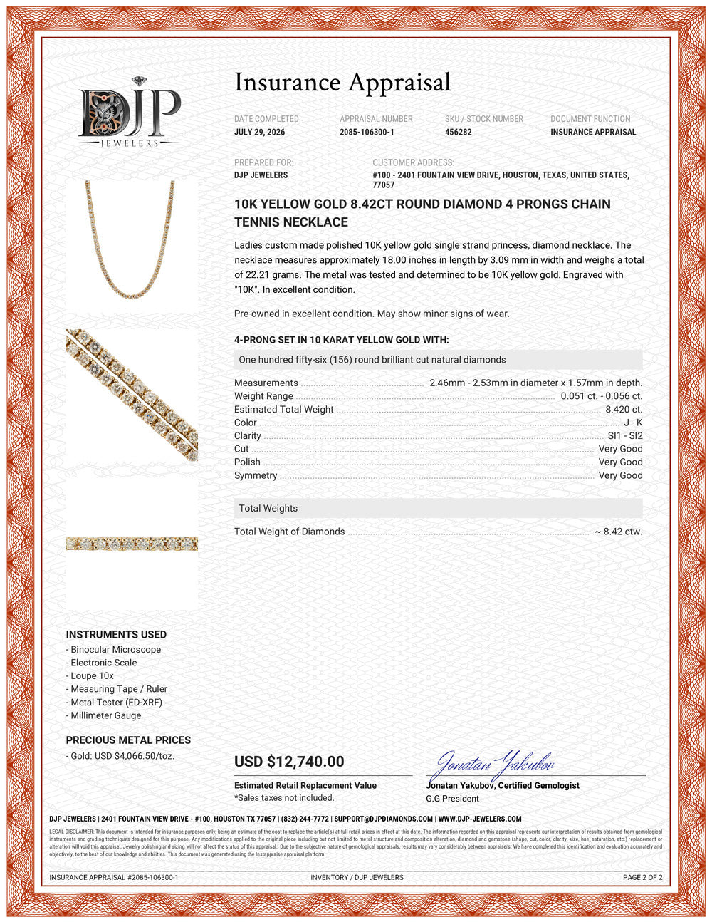 10K Yellow Gold 8.42ct Round Diamond 4 Prongs Chain Tennis Necklace