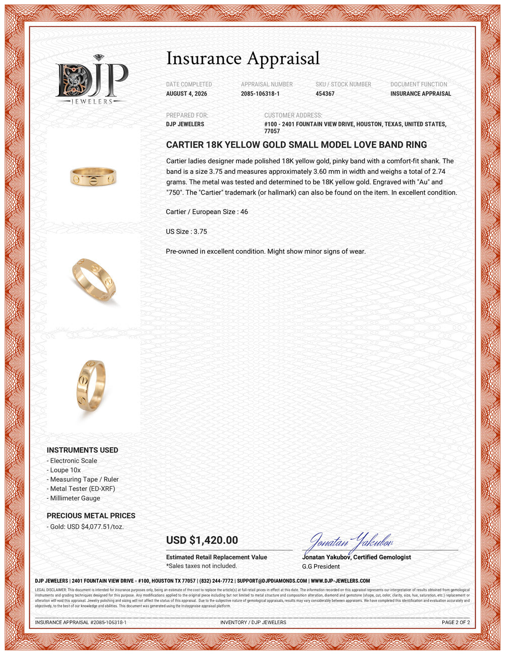 Cartier 18K Yellow Gold Small Model Love Band Ring