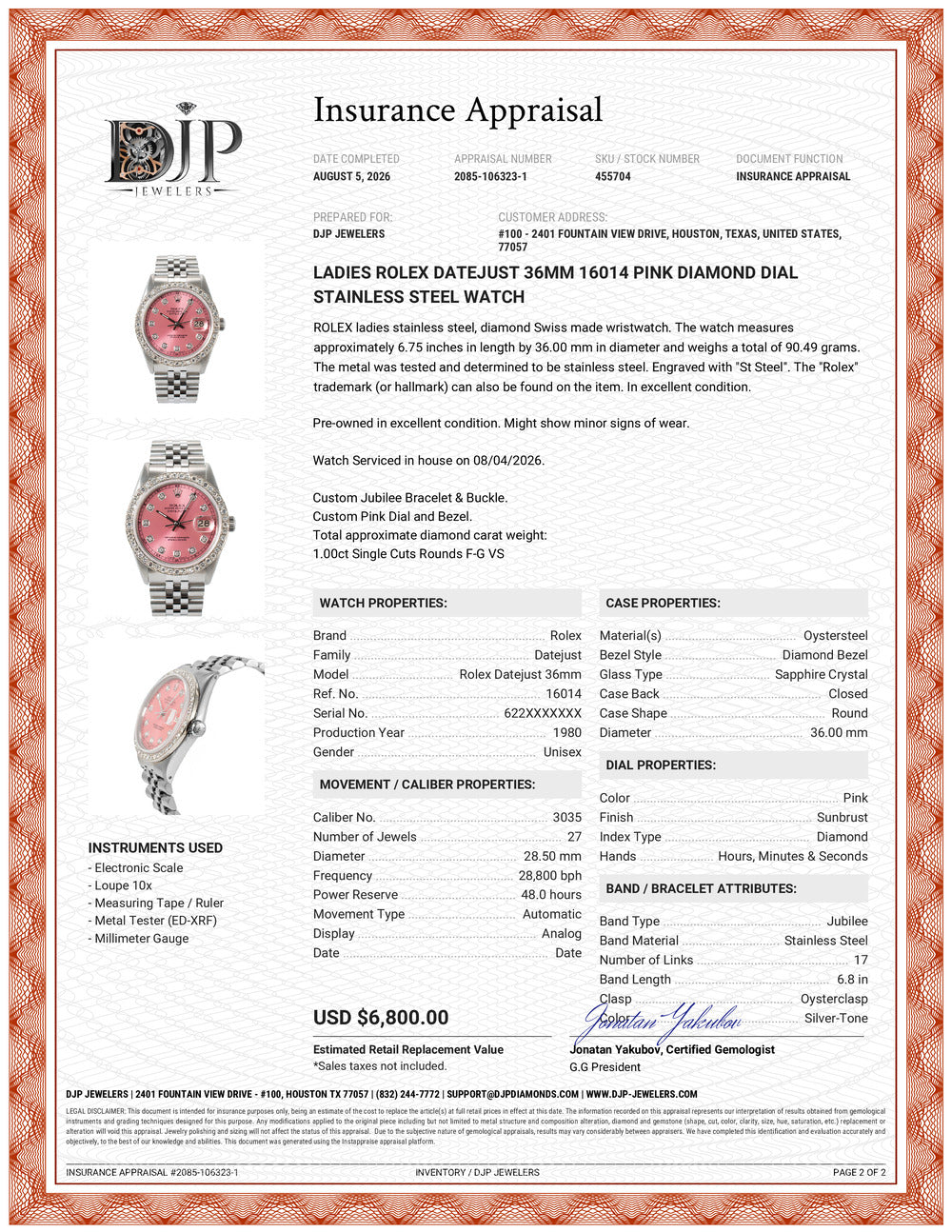 Ladies Rolex Datejust 36MM 16014 Pink Diamond Dial Stainless Steel Watch
