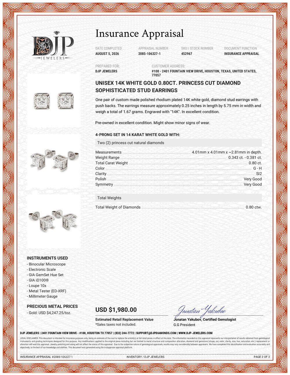 Unisex 14K White Gold 0.80ct. Princess Cut Diamond Sophisticated Stud Earrings