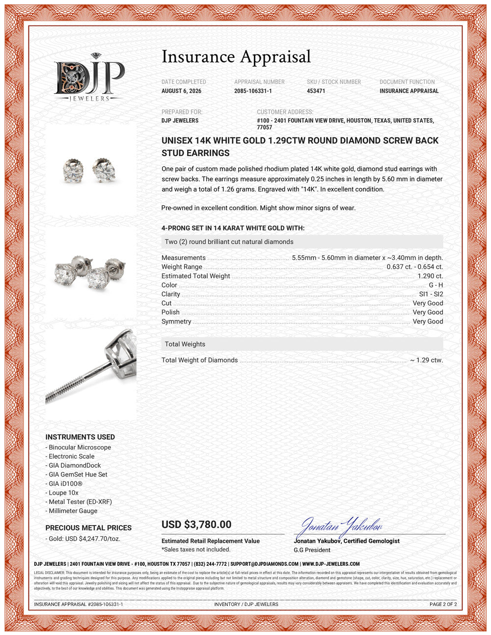 Unisex 14K White Gold 1.29ctw Round Diamond Screw Back Stud Earrings