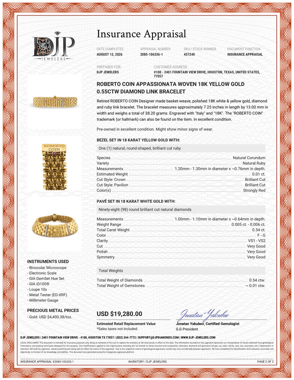 Roberto Coin Appassionata Woven 18K Yellow Gold 0.55ctw Diamond Link Bracelet