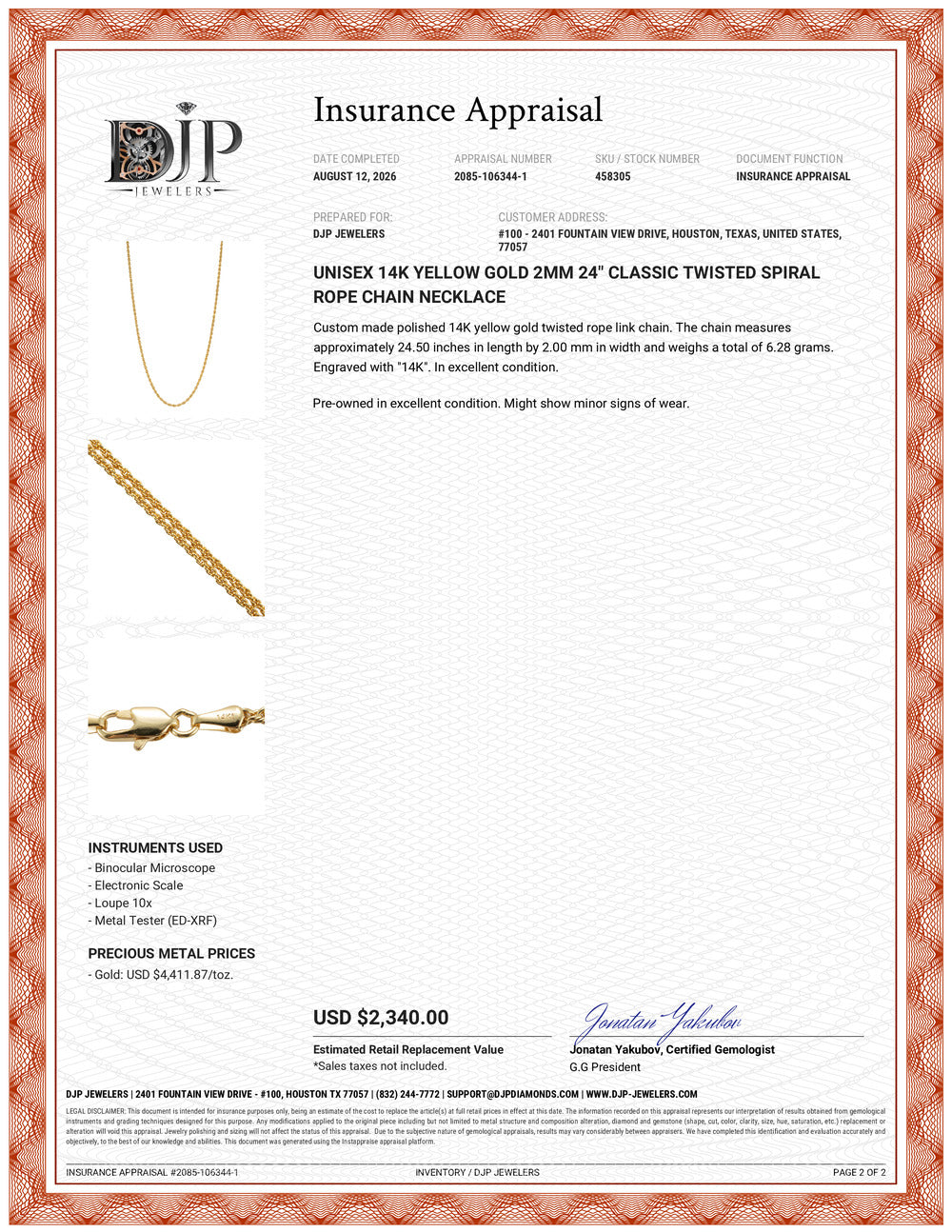 Unisex 14K Yellow Gold 2MM 24” Classic Twisted Spiral Rope Chain Necklace