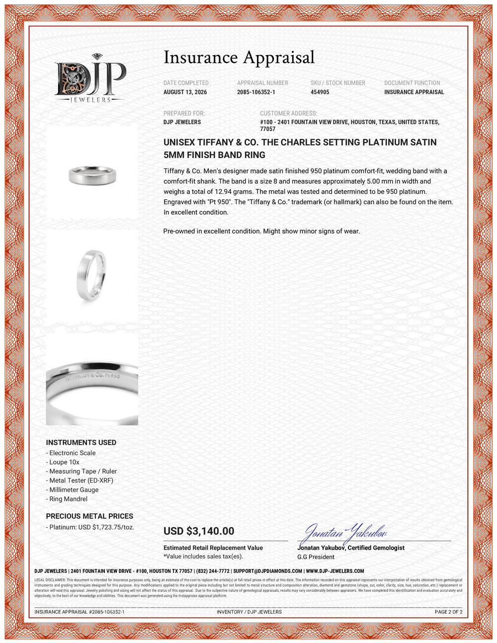 Unisex Tiffany & Co. The Charles Setting Platinum Satin 5MM Finish Band Ring