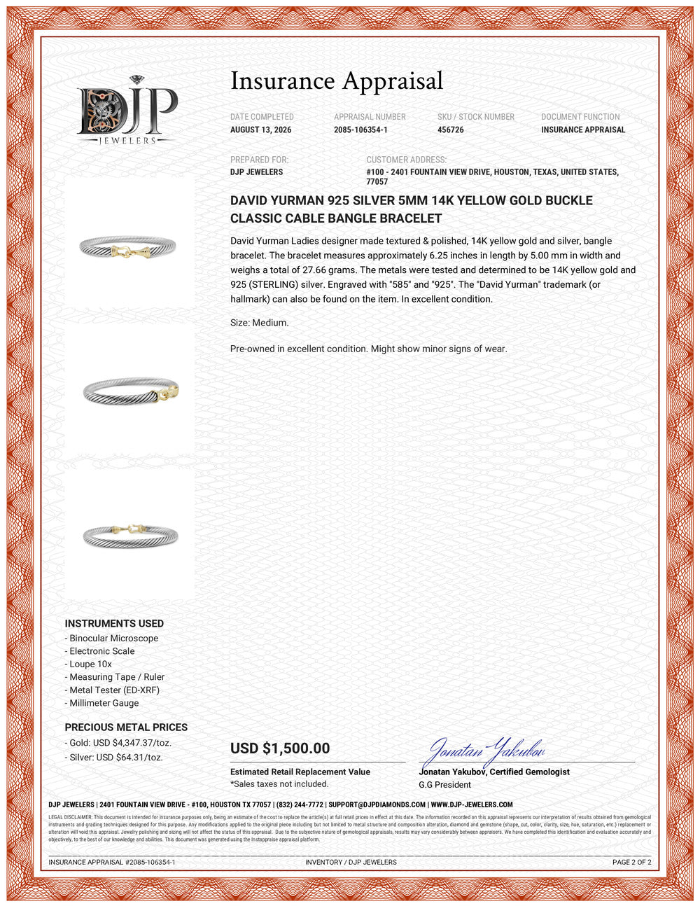 David Yurman 925 Silver 5MM 14K Yellow Gold Buckle Classic Cable Bangle Bracelet