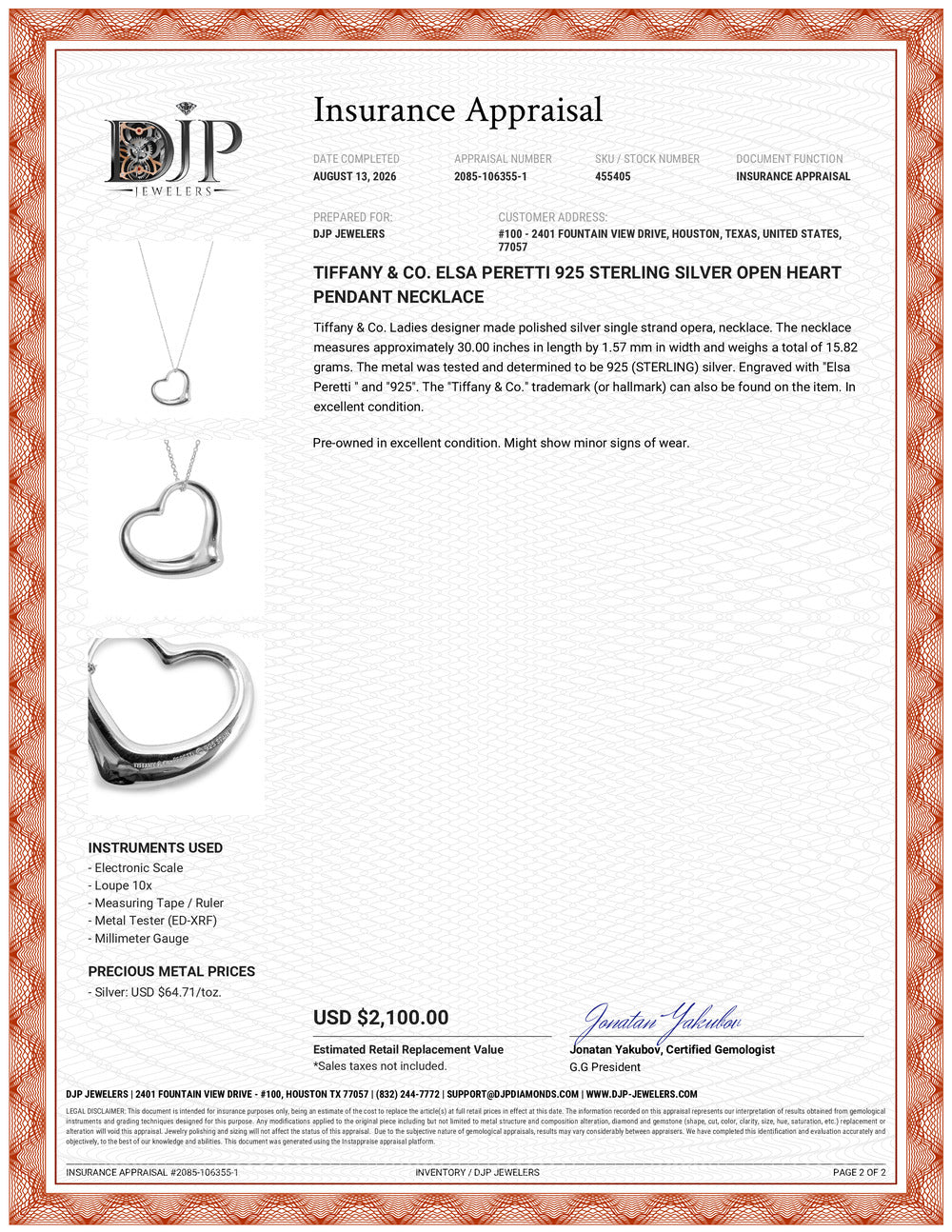 Tiffany & Co. Elsa Peretti 925 Sterling Silver Open Heart Pendant Necklace