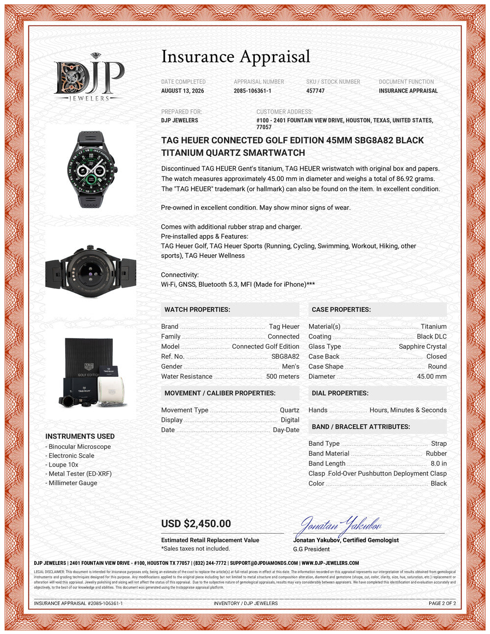 Tag Heuer Connected Golf Edition 45MM sbg8a82 Black Titanium Quartz Smartwatch