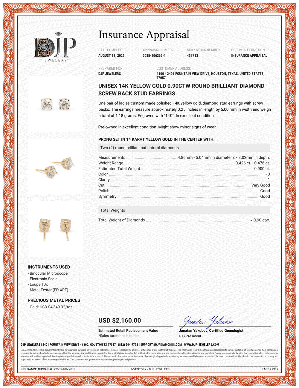 Unisex 14K Yellow Gold 0.90ctw Round Brilliant Diamond Screw Back Stud Earrings