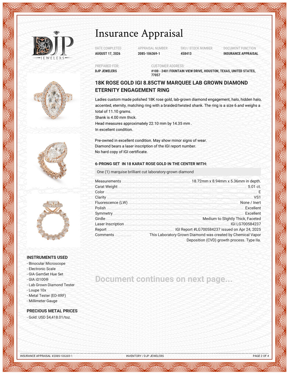 18K Rose Gold Igi 8.85ctw Marquee Lab Grown Diamond Eternity Engagement Ring