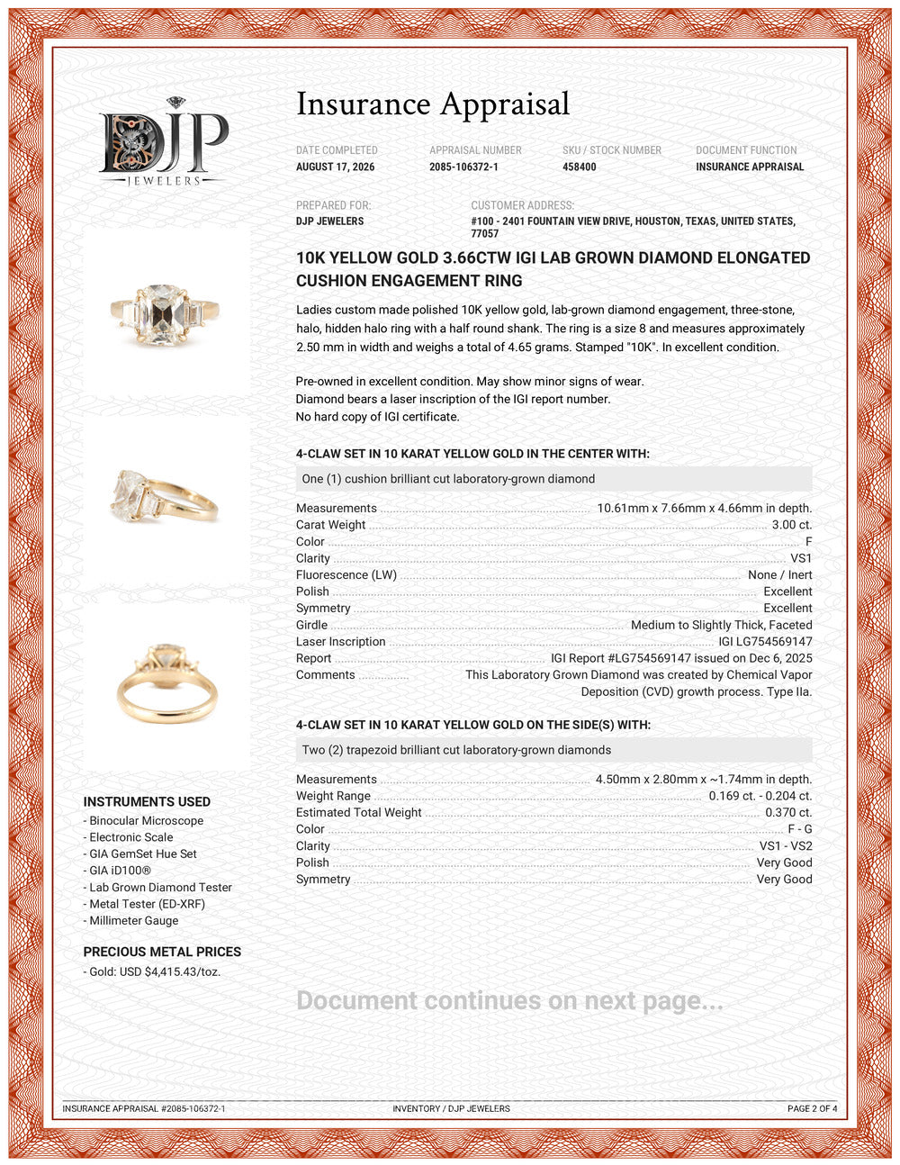 10K Yellow Gold 3.66ctw Igi Lab Grown Diamond Elongated Cushion Engagement Ring