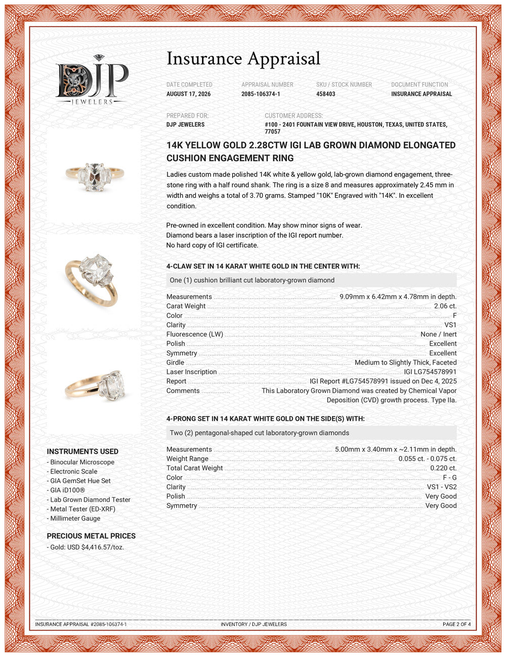 14K Yellow Gold 2.28ctw Igi Lab Grown Diamond Elongated Cushion Engagement Ring