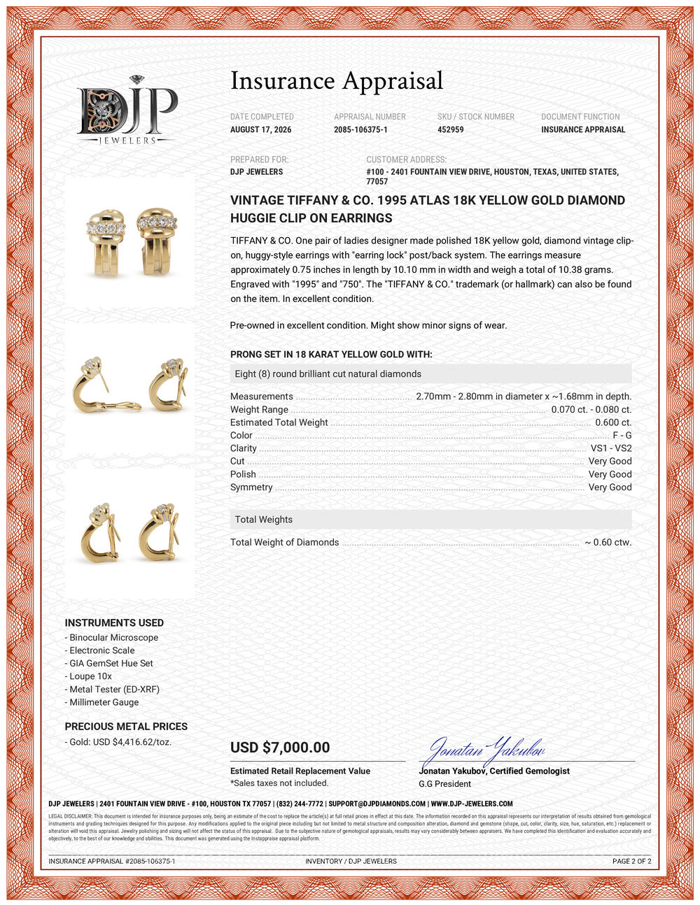 Vintage Tiffany & Co. 1995 Atlas 18K Yellow Gold Diamond Huggie Clip on Earrings