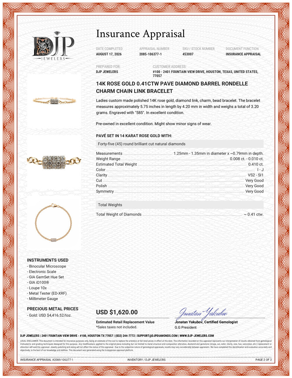 14K Rose Gold 0.41ctw Pave Diamond Barrel Rondelle Charm Chain Link Bracelet