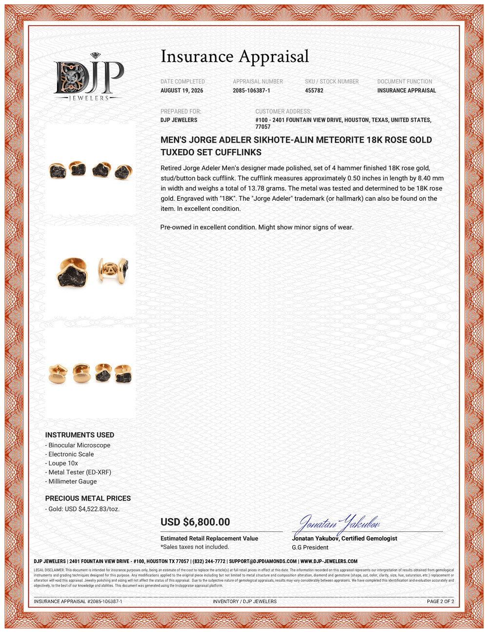 Men’s Jorge Adeler Sikhote-Alin Meteorite 18K Rose Gold Tuxedo Set Cufflinks