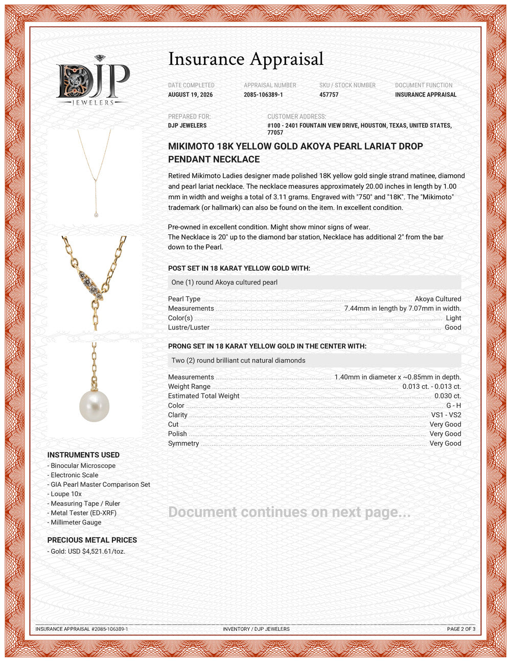 Mikimoto 18K Yellow Gold Akoya Pearl Lariat Drop Pendant Necklace
