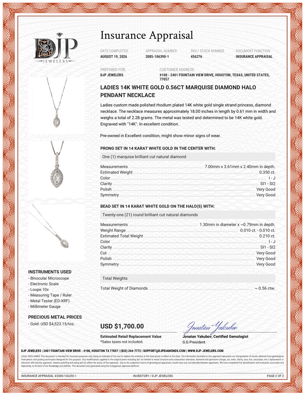 Ladies 14K White Gold 0.56ct Marquise Diamond Halo Pendant Necklace