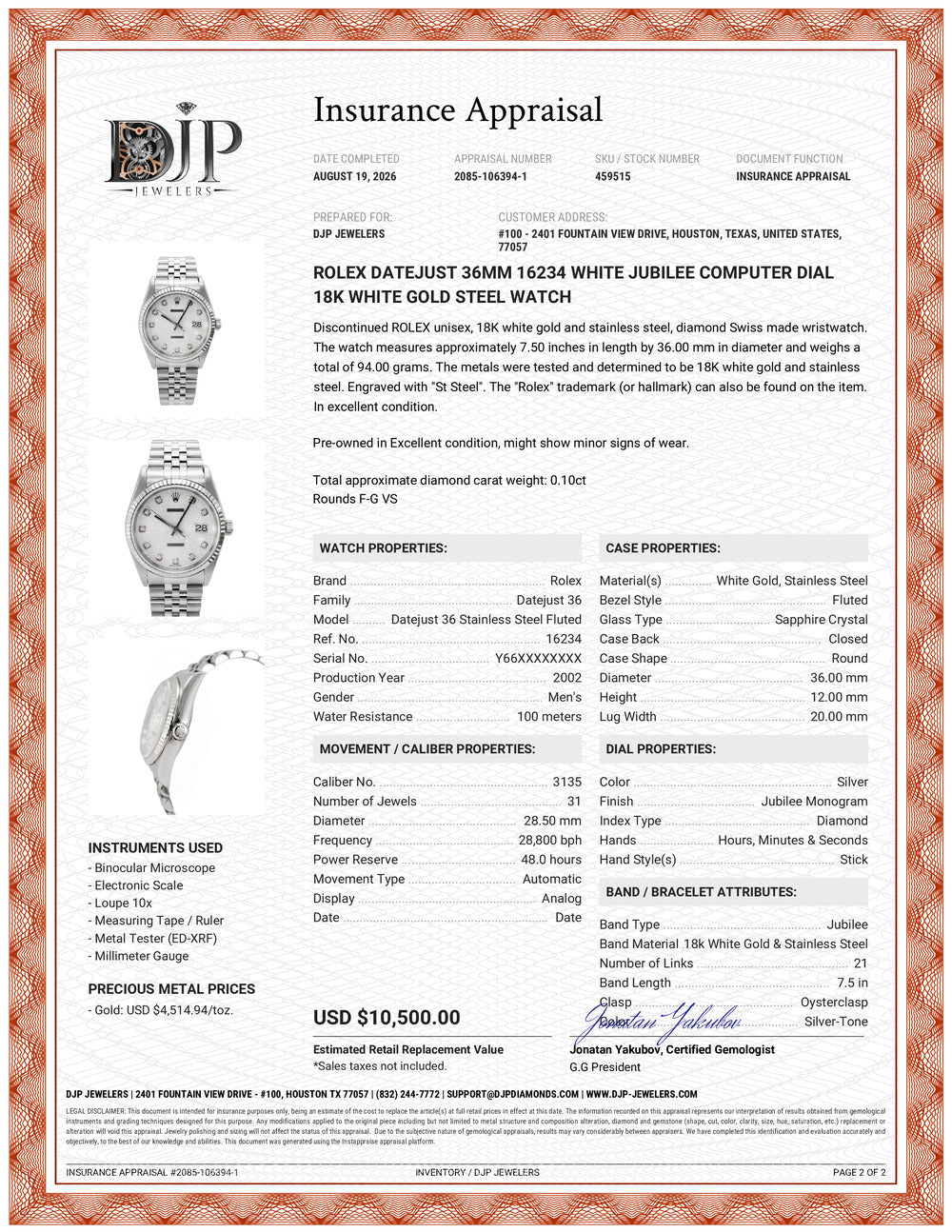 Rolex Datejust 36MM 16234 White Jubilee Computer Dial 18K White Gold Steel Watch