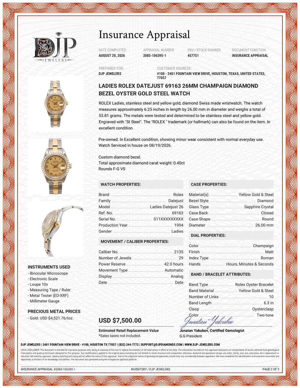 Ladies Rolex Datejust 69163 26MM Champaign Diamond Bezel Oyster Gold Steel Watch