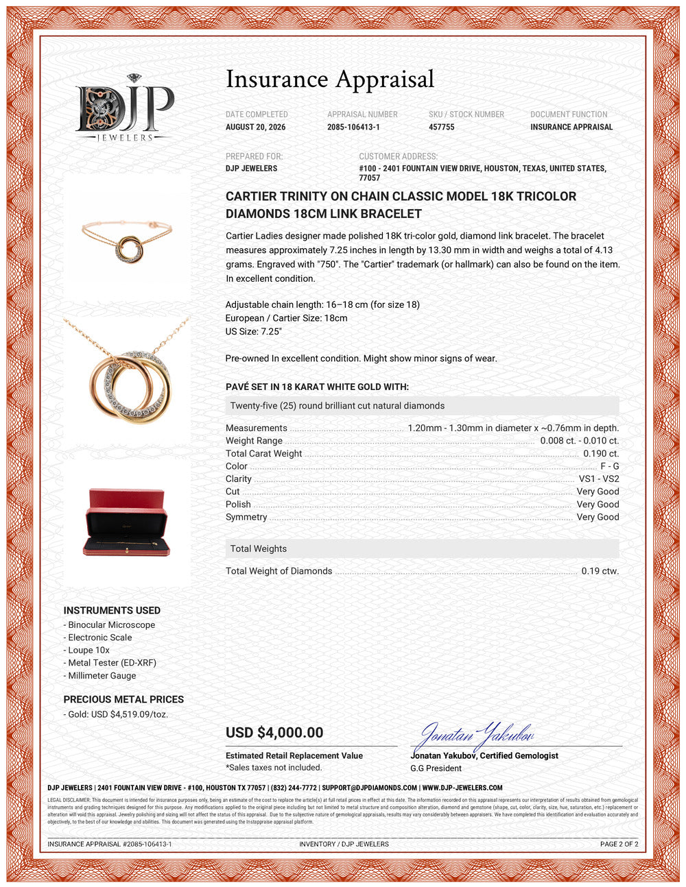 Cartier Trinity on Chain Classic Model 18K Tricolor Diamonds 18CM Link Bracelet
