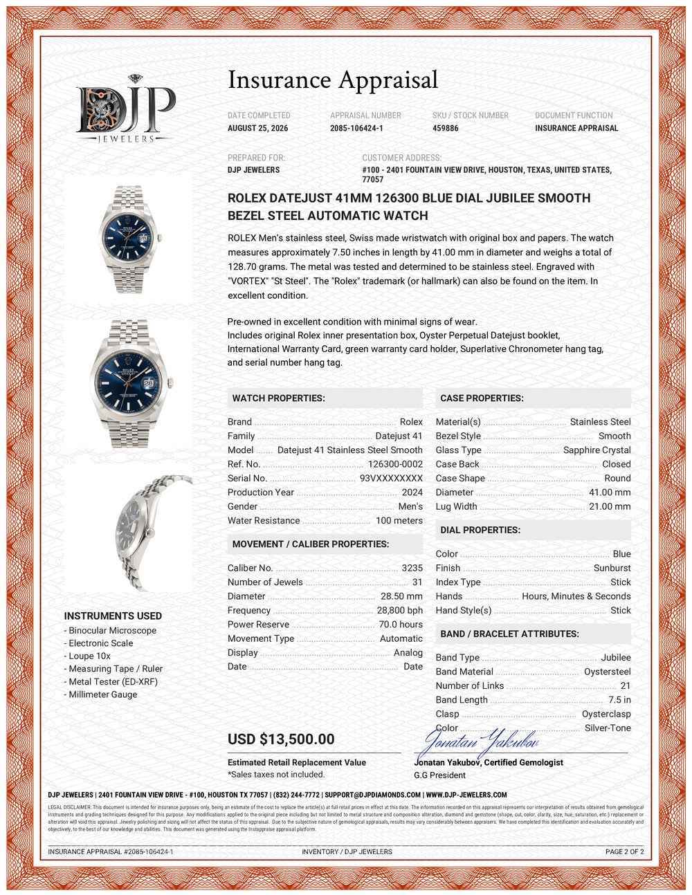 Rolex Datejust 41MM 126300 Blue Dial Jubilee Smooth Bezel Steel Automatic Watch