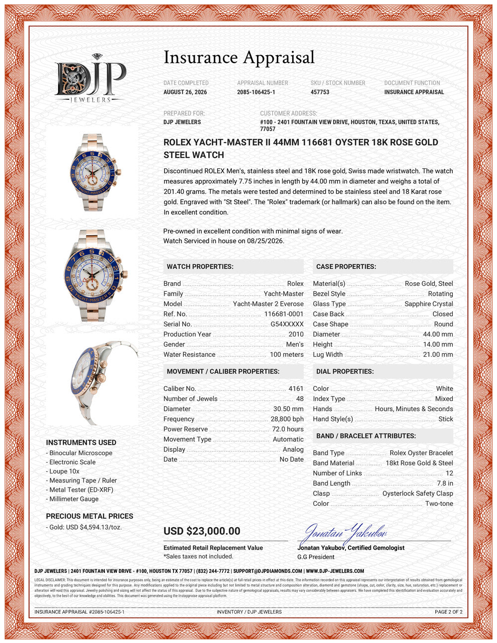 Rolex Yacht-Master II 44MM 116681 Oyster 18K Rose Gold Steel Watch