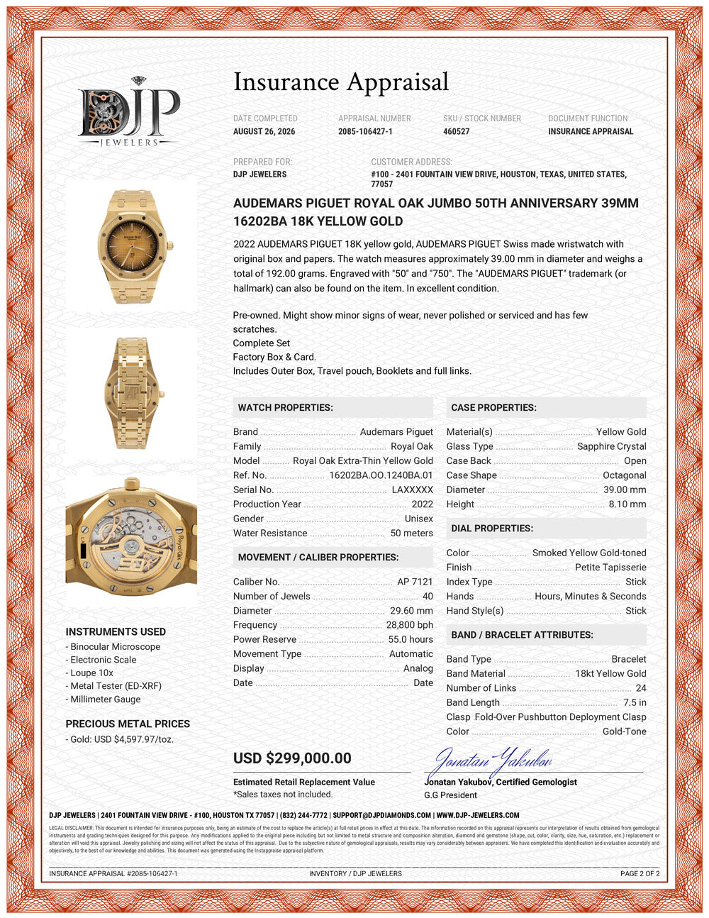 Audemars Piguet Royal Oak Jumbo 50th Anniversary 39MM 16202BA 18K Yellow Gold