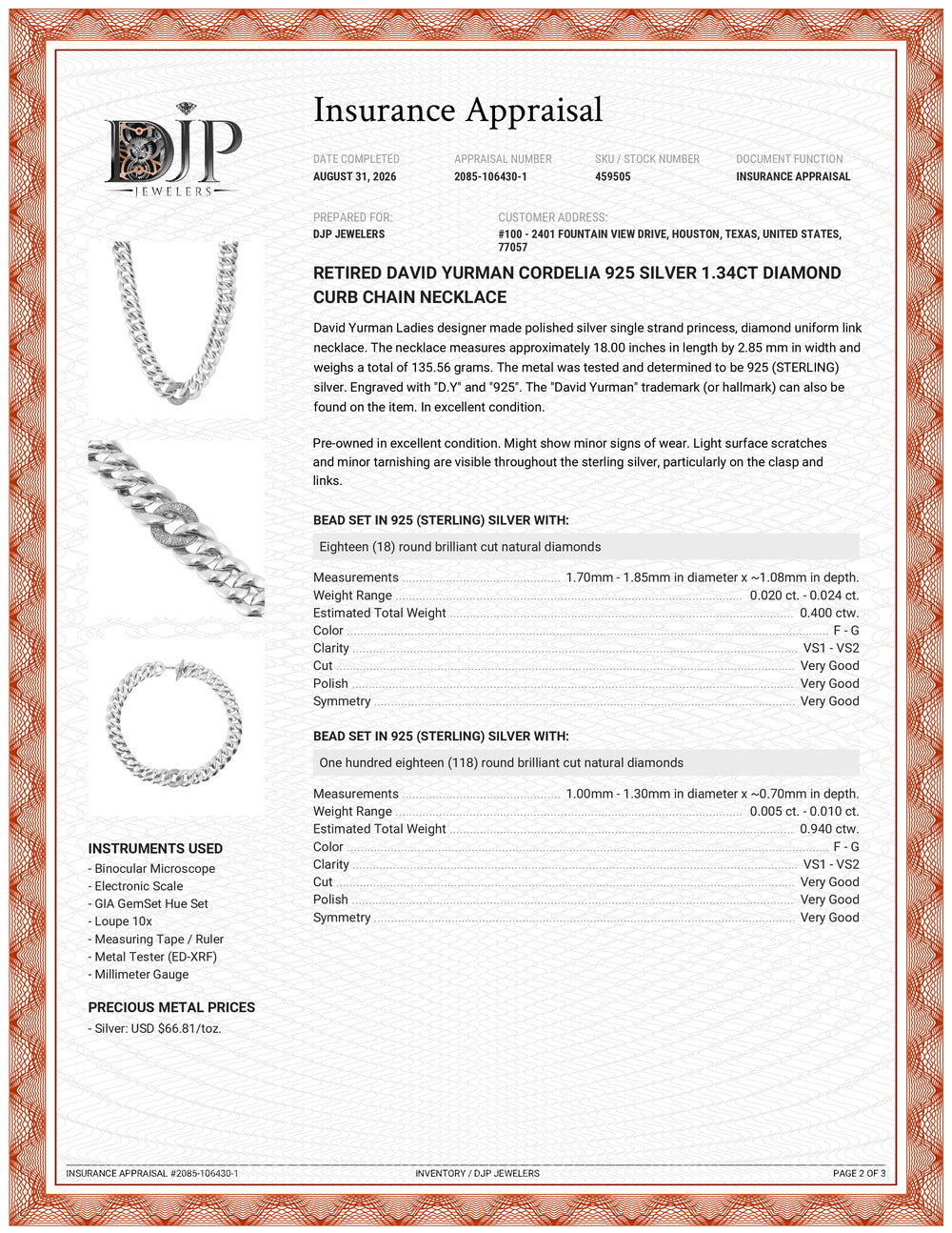Retired David Yurman Cordelia 925 Silver 1.34ct Diamond Curb Chain Necklace