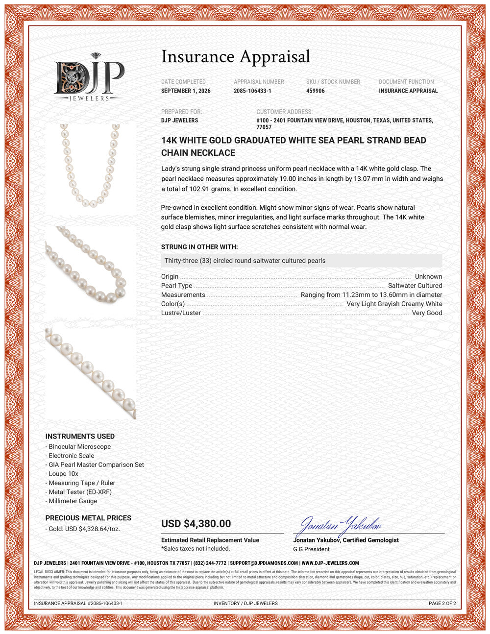 14K White Gold Graduated White Sea Pearl Strand Bead Chain Necklace