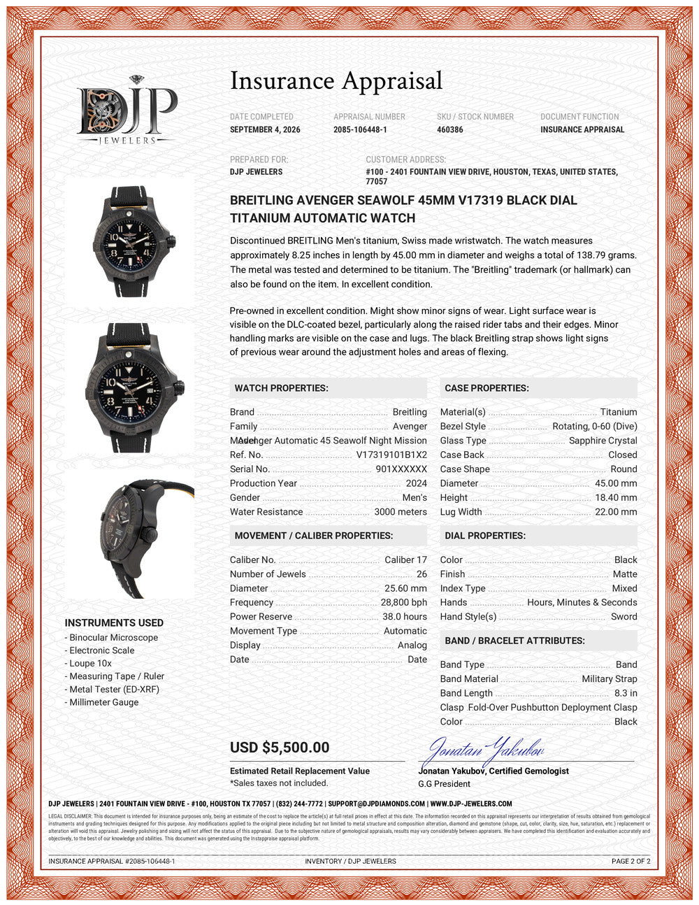 Breitling Avenger Seawolf 45MM V17319 Black Dial Titanium Automatic Watch