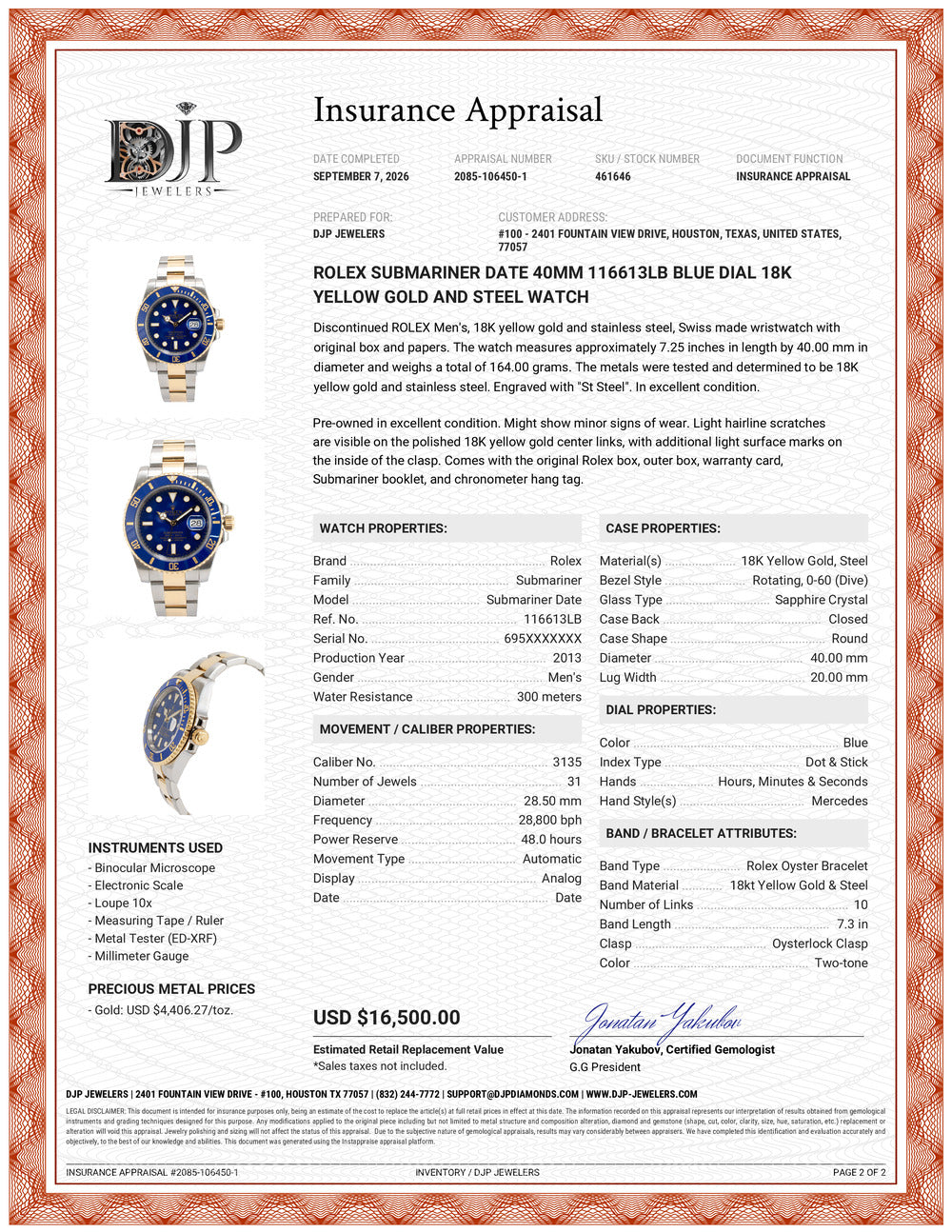 Rolex Submariner Date 40MM 116613LB Blue Dial 18K Yellow Gold and Steel Watch