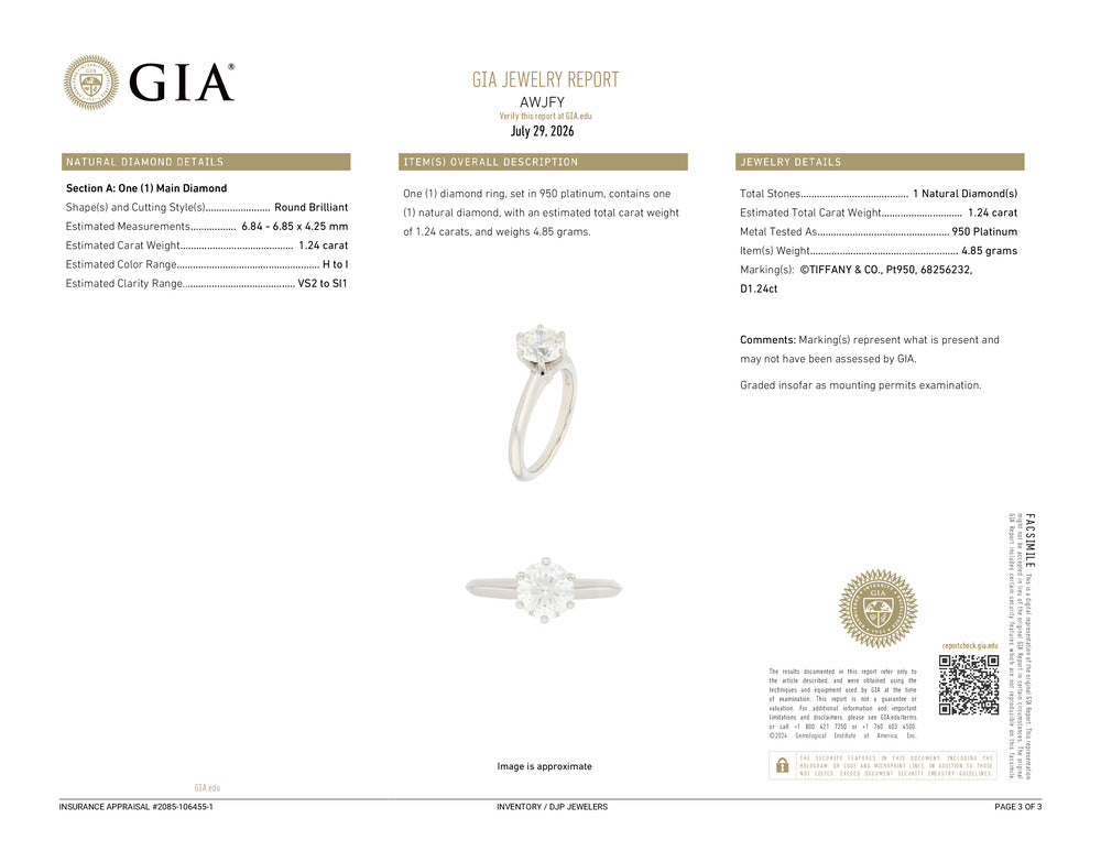 Tiffany & Co. The Tiffany Setting Platinum Gia 1.24ct Diamond Engagement Ring