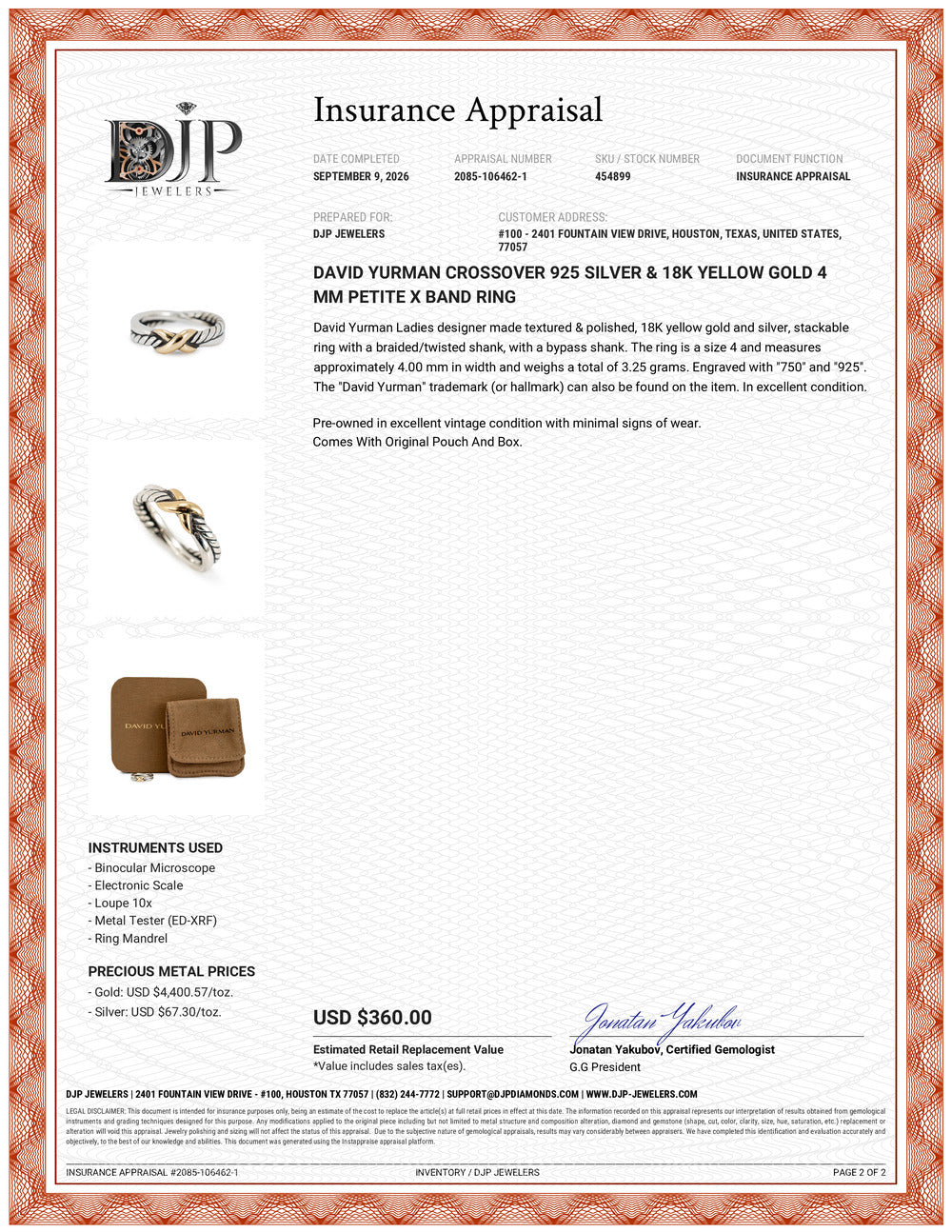 David Yurman Crossover 925 Silver & 18K Yellow Gold 4 MM Petite X Band Ring