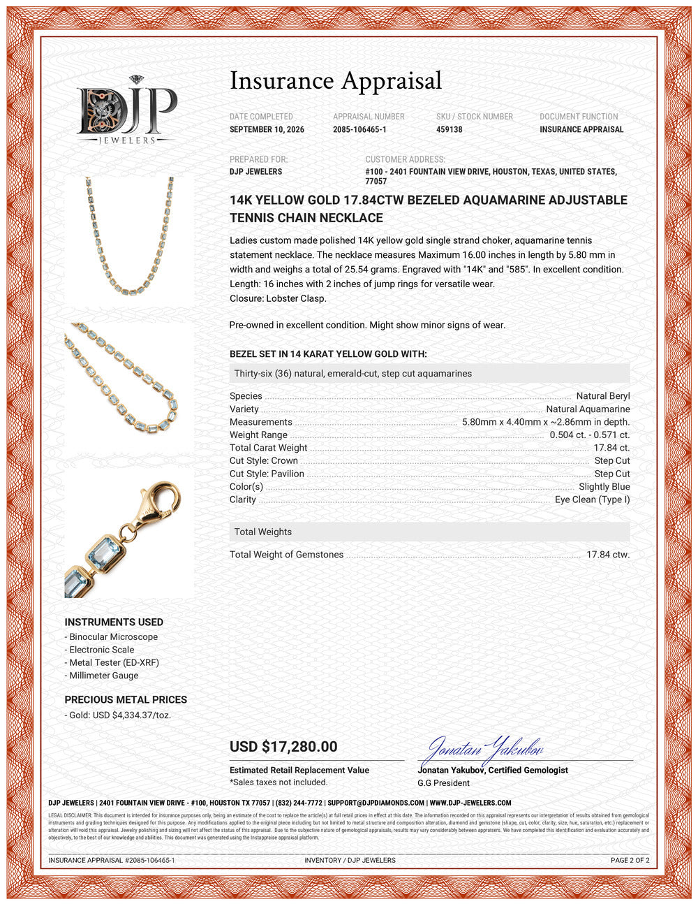 14K Yellow Gold 17.84ctw Bezeled Aquamarine Adjustable Tennis Chain Necklace