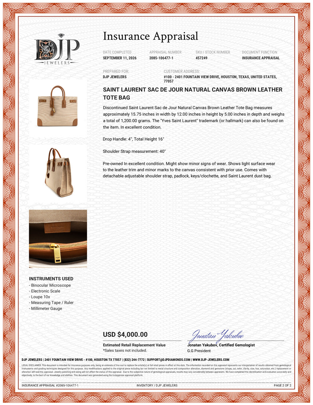 Saint Laurent Sac de Jour Natural Canvas Brown Leather Tote Bag