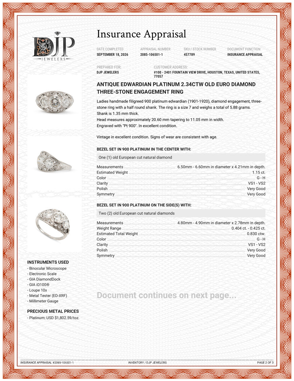 Antique Edwardian Platinum 2.34ctw Old Euro Diamond Three-Stone Engagement Ring