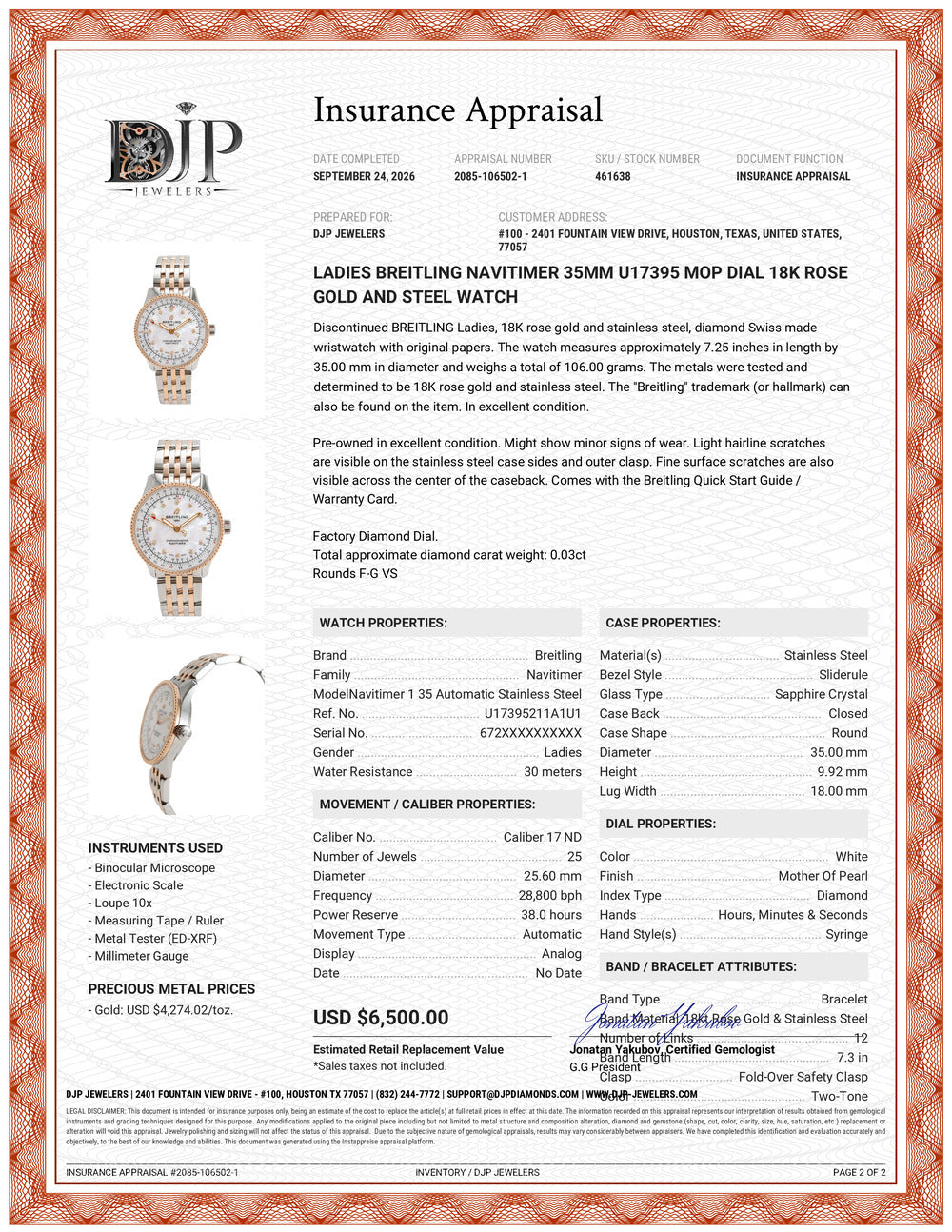 Ladies Breitling Navitimer 35MM U17395 Mop Dial 18K Rose Gold and Steel Watch