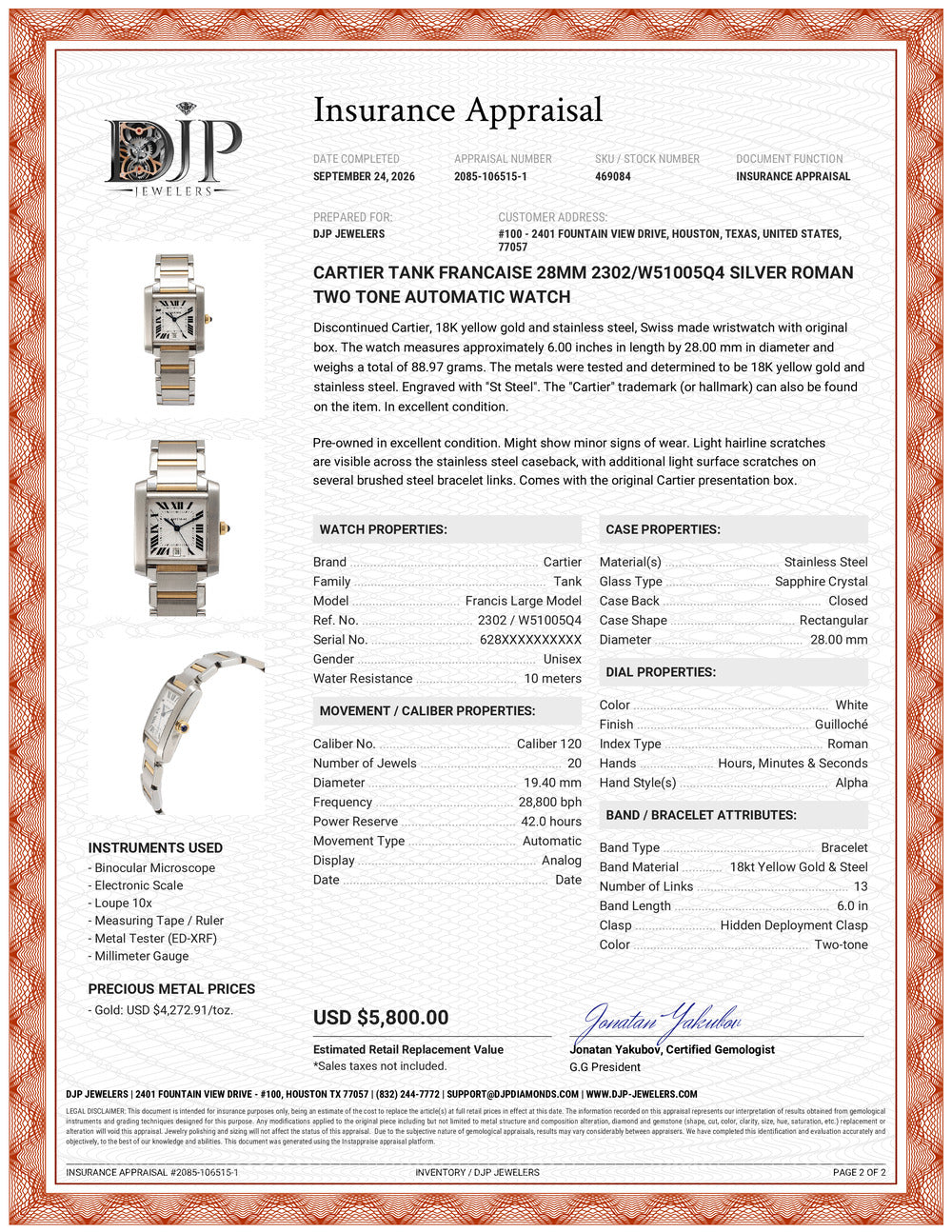 Cartier Tank Francaise 28MM 2302/w51005q4 Silver Roman Two Tone Automatic Watch