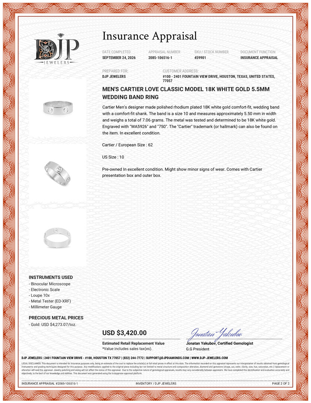 Men’s Cartier Love Classic Model 18K White Gold 5.5mm Wedding Band Ring